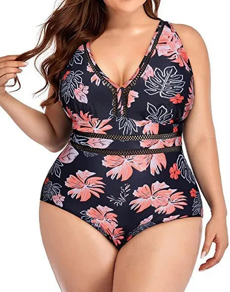 Black plus size women's bikini swimsuit with print pattern, showing front and back view.