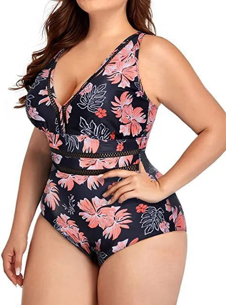 Black plus size women's bikini swimsuit with print pattern, showing front and back view.