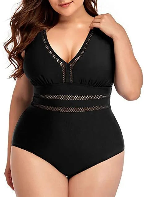 Black plus size women's bikini swimsuit with print pattern, showing front and back view.