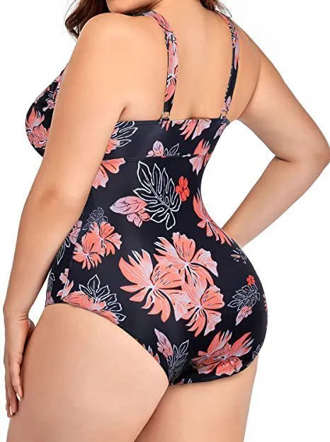 Black plus size women's bikini swimsuit with print pattern, showing front and back view.