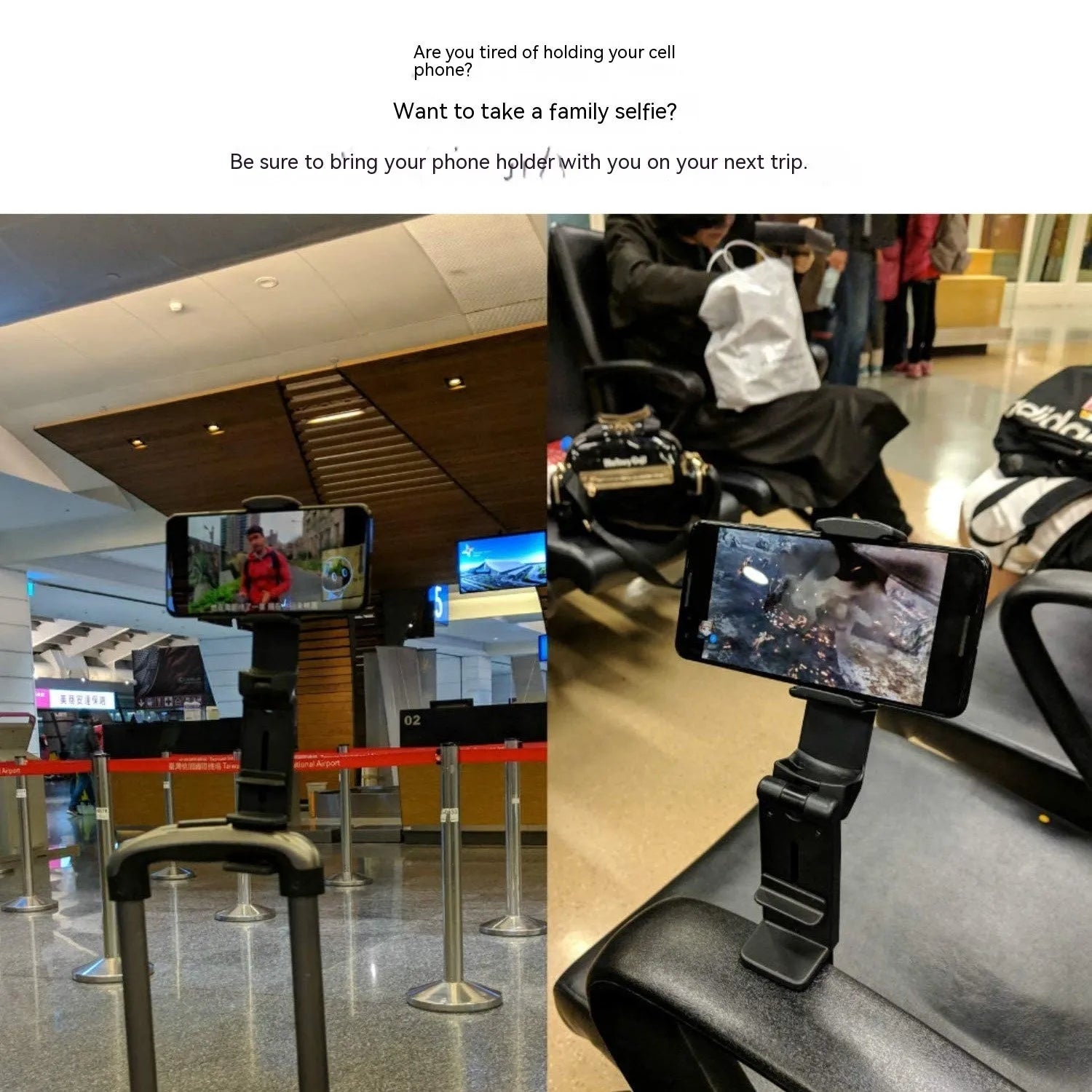 Black foldable rotating phone holder showing 360-degree adjustment for mobile devices