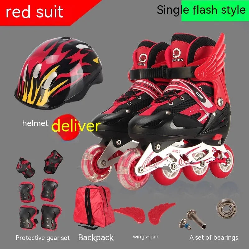 Children's adjustable PU skating shoes with aluminium frame and complete protective gear set in various colours