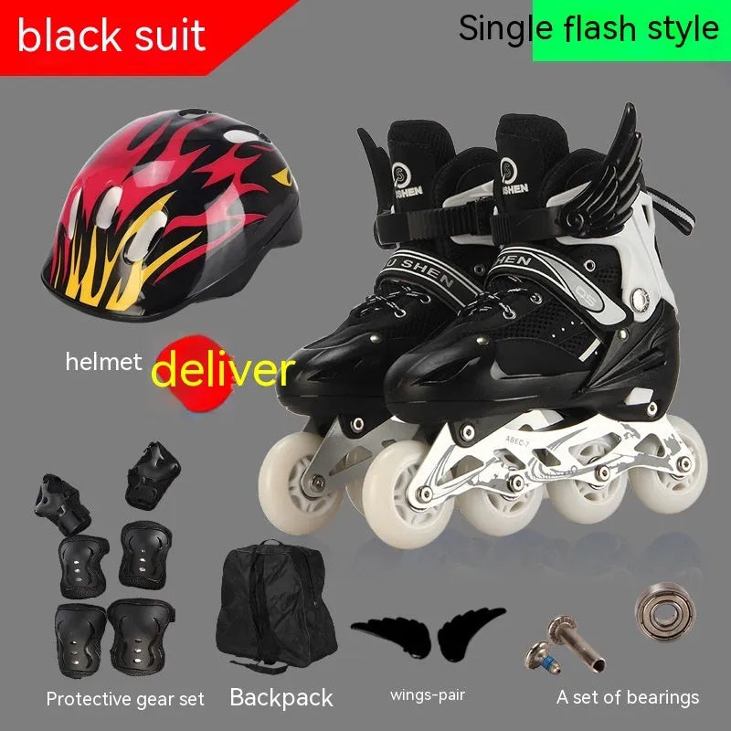 Children's adjustable PU skating shoes with aluminium frame and complete protective gear set in various colours
