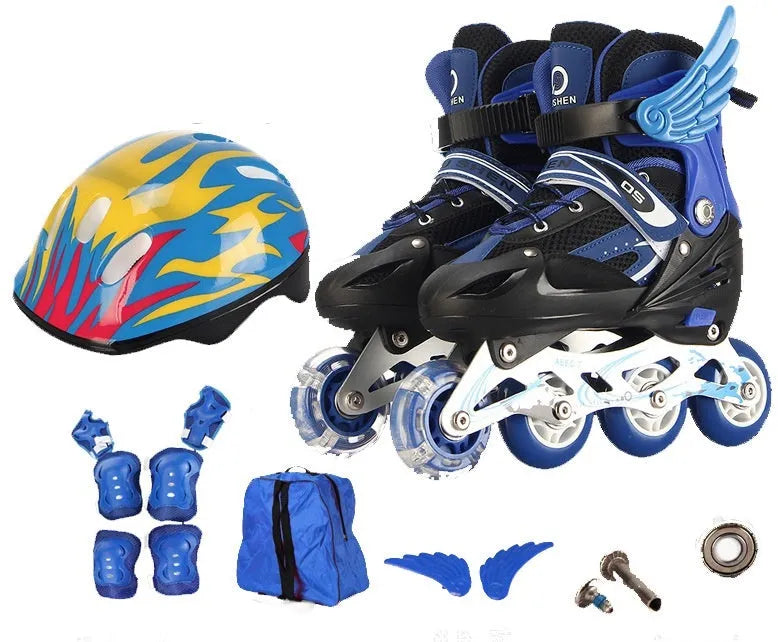Children's adjustable PU skating shoes with aluminium frame and complete protective gear set in various colours