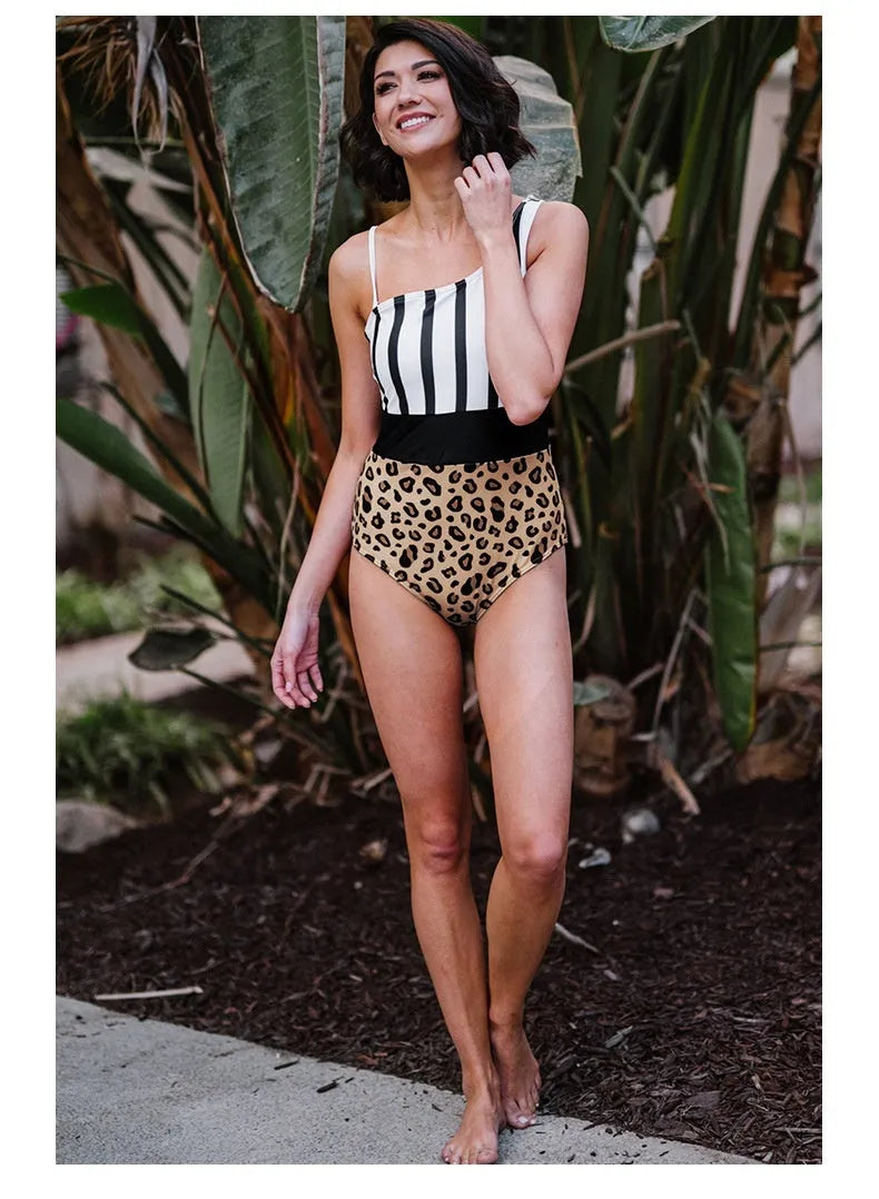 Women's leopard print high waist one-piece swimsuit with asymmetric collar