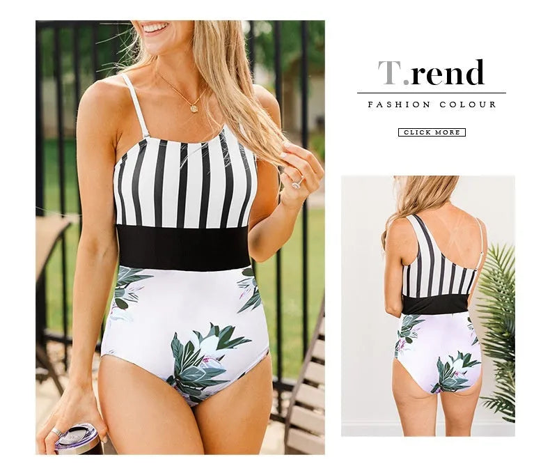 Women's leopard print high waist one-piece swimsuit with asymmetric collar
