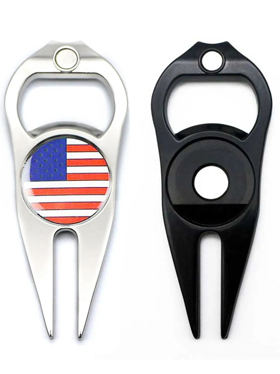 Golf ball fork bottle opener tool in zinc alloy with green turf application