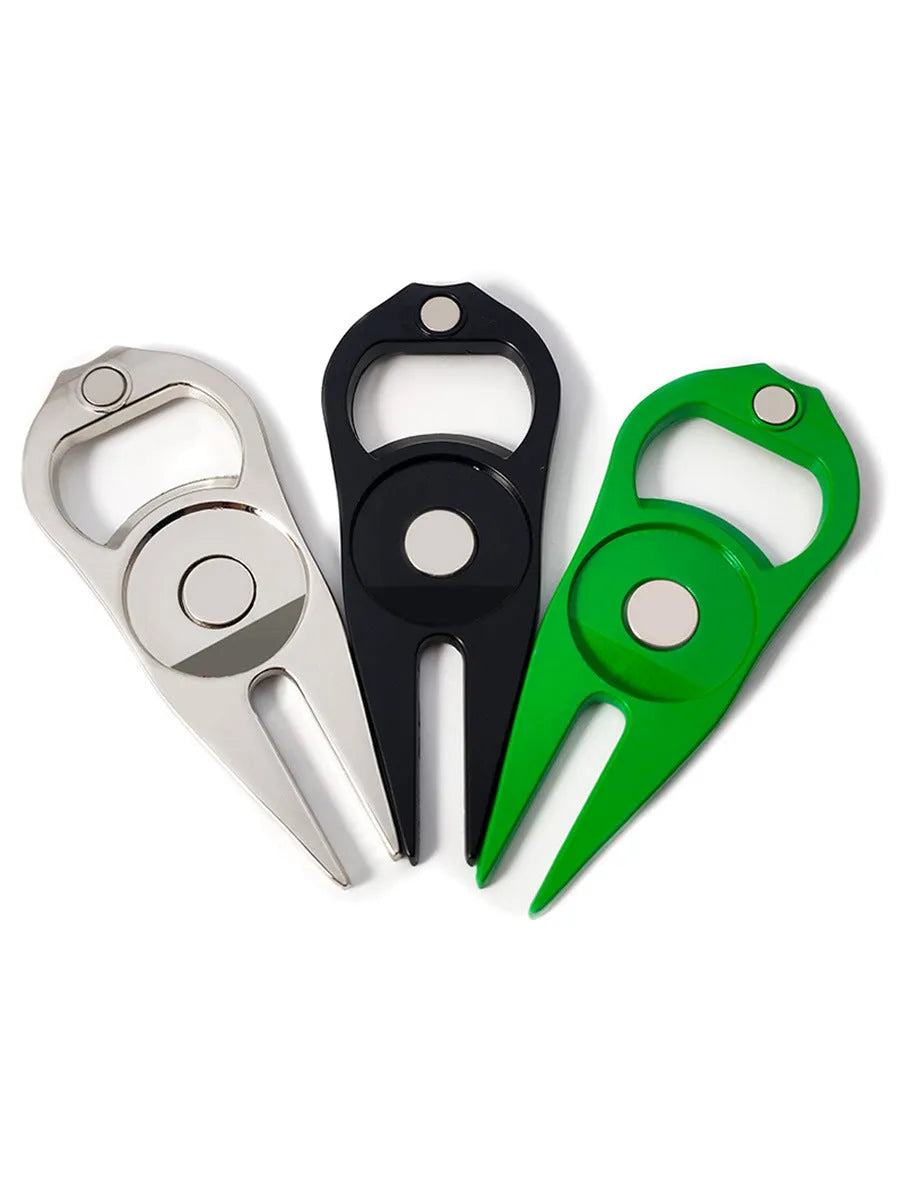 Golf ball fork bottle opener tool in zinc alloy with green turf application