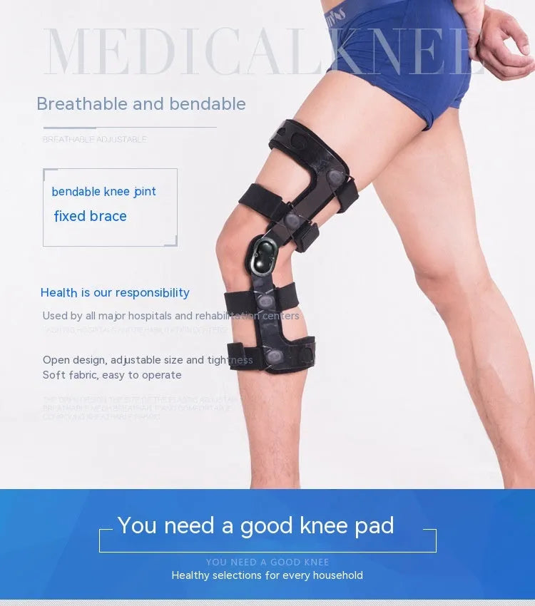 Black anterior ligament knee pad showing multi-material construction and sizing tags for left and right knees.
