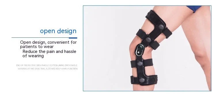 Black anterior ligament knee pad showing multi-material construction and sizing tags for left and right knees.