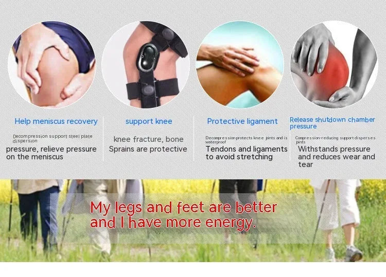 Black anterior ligament knee pad showing multi-material construction and sizing tags for left and right knees.