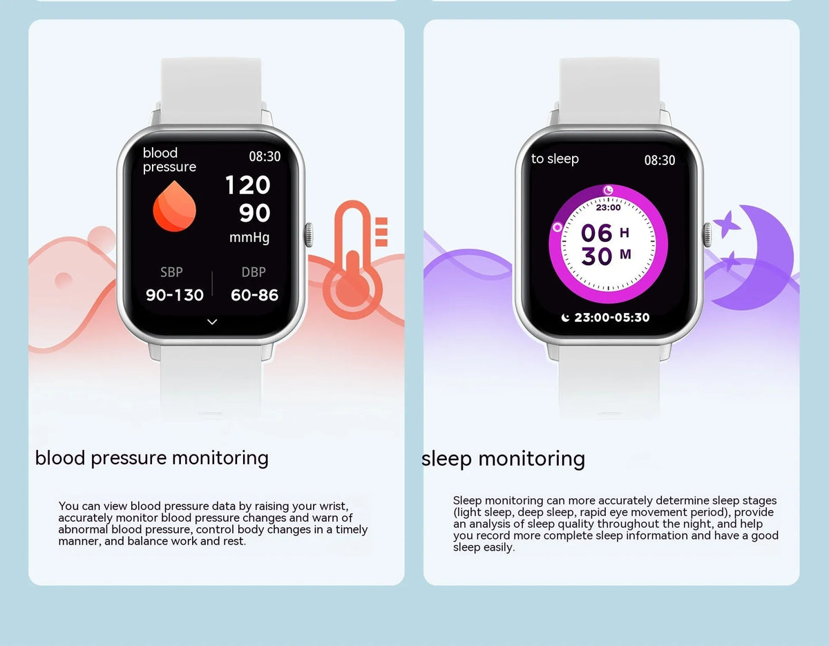 Bluetooth smart watch with heart rate monitor on wrist, showing TFT touchscreen display.