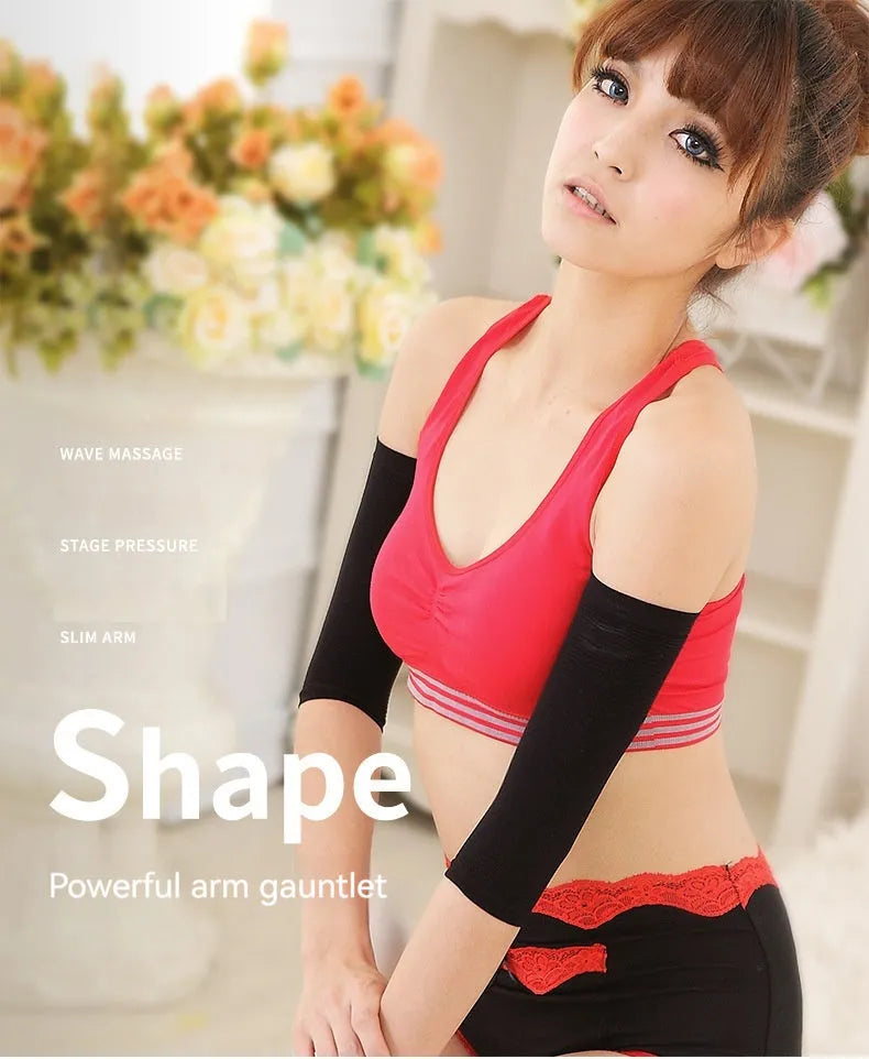 A pair of solid-colour women's shaping arm sleeves in nylon, shown in black and skin tone on a mannequin arm.