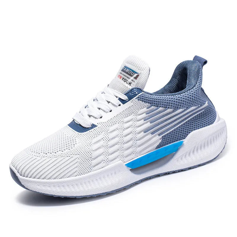 Men's breathable mesh sports shoes in blue, gray, or green with round toe and plastic injection moulded sole