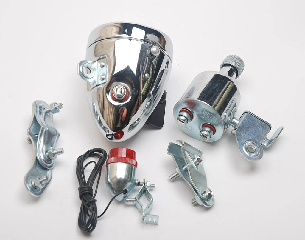 Silver bicycle dynamo generator light with friction drive mechanism and waterproof housing for 12V lighting systems