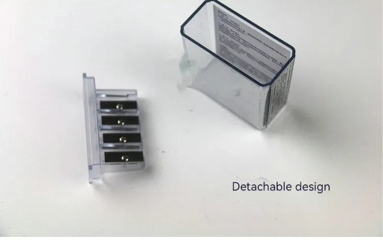 Geometric plastic pencil sharpener with four holes for different pencil sizes, includes screwdriver