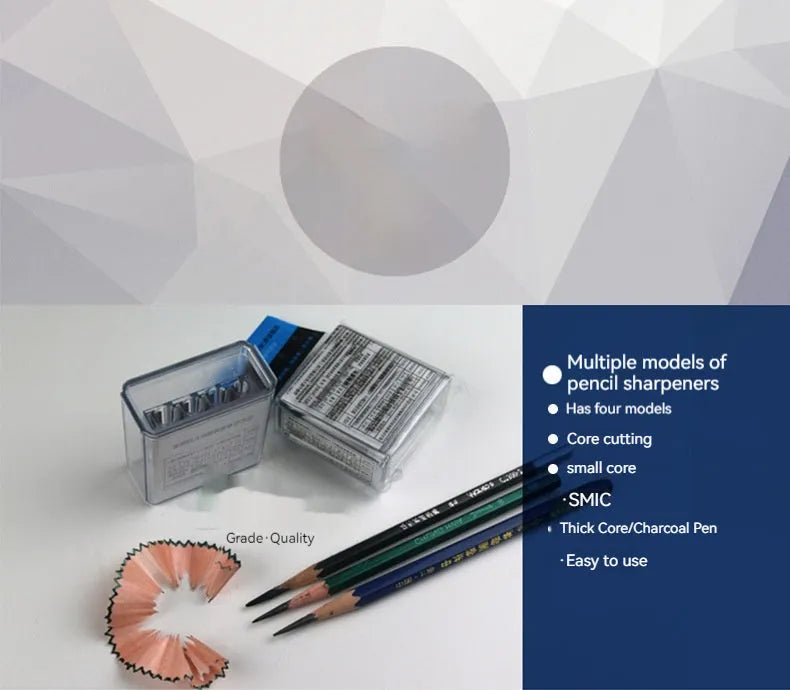 Geometric plastic pencil sharpener with four holes for different pencil sizes, includes screwdriver