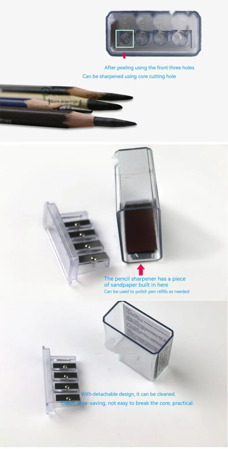 Geometric plastic pencil sharpener with four holes for different pencil sizes, includes screwdriver