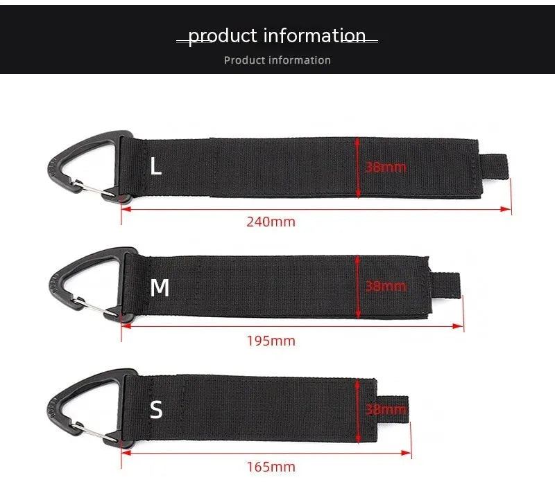 Black heavy-duty gravity storage strap with metal carabiner hook for garages and outdoor travel