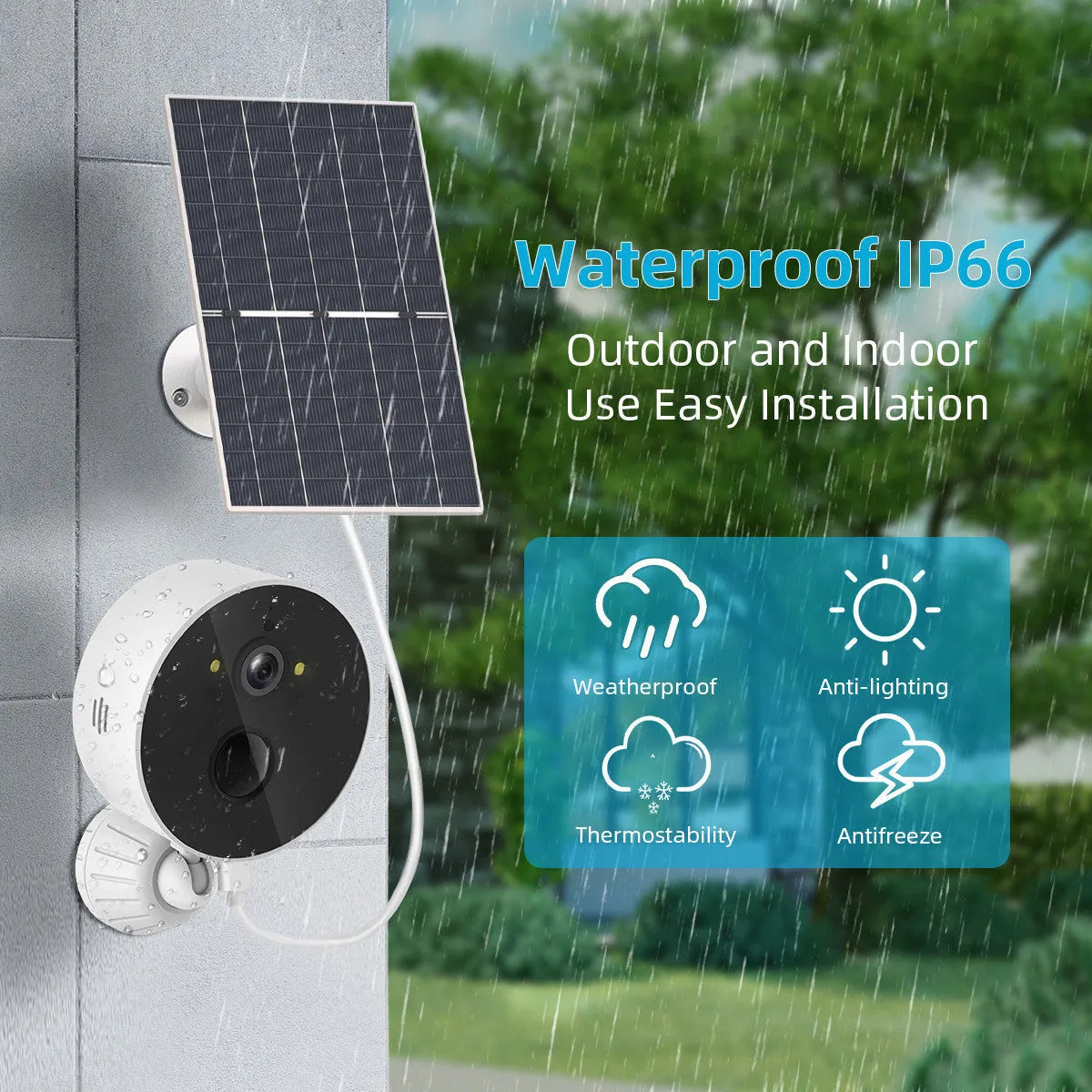 Solar panel and 1080P outdoor security camera for wire-free garden and perimeter monitoring