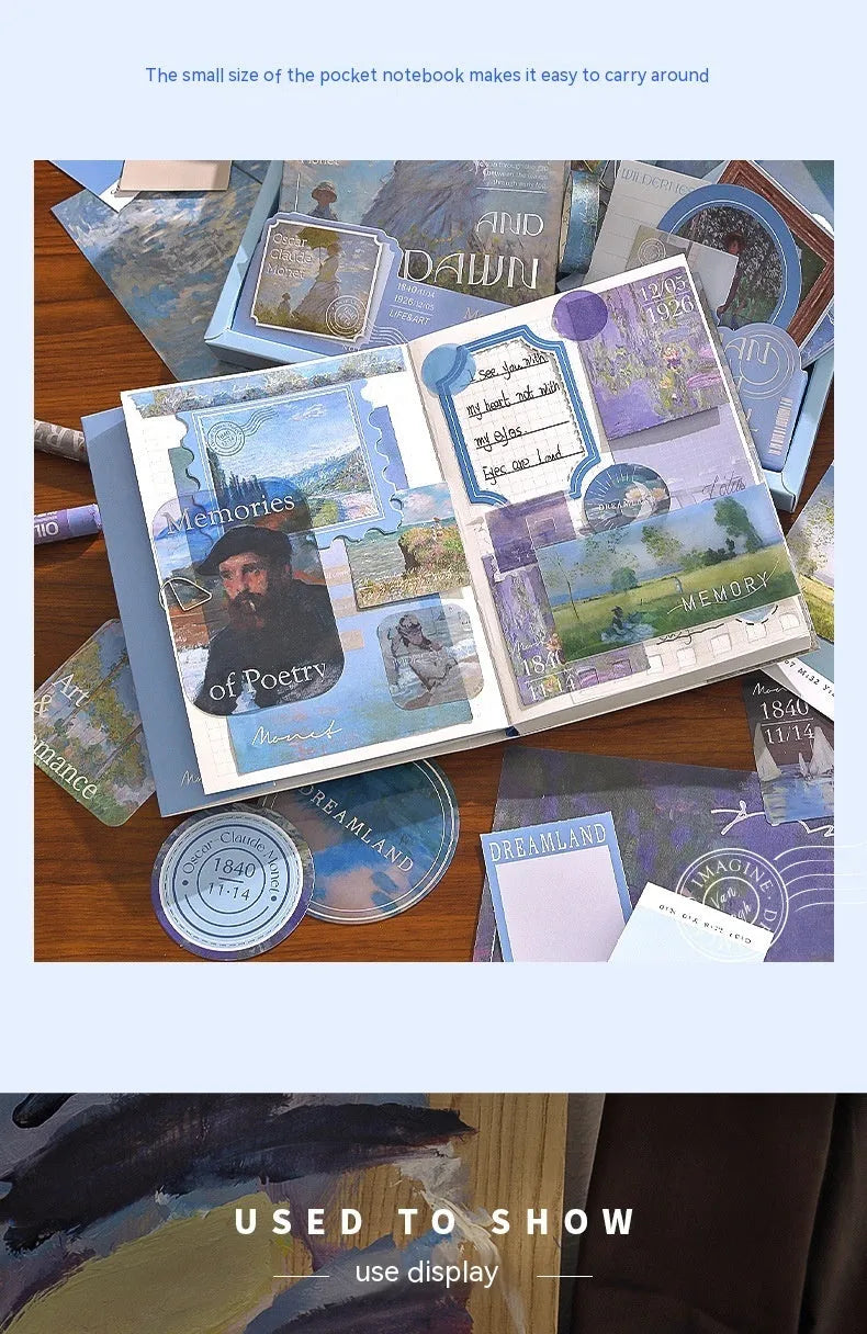Creative journal gift box containing A6 grid notebook with bookclothes, paper sheets, cards, photo frames, stickers, and stationery accessories