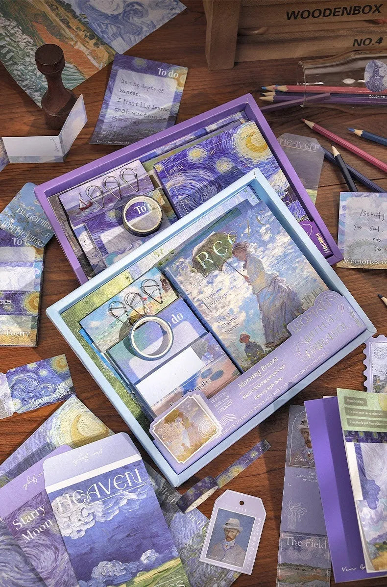 Creative journal gift box containing A6 grid notebook with bookclothes, paper sheets, cards, photo frames, stickers, and stationery accessories