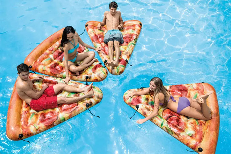 Large inflatable pizza-themed surfboard recliner floating on water, showing its 175cm length.