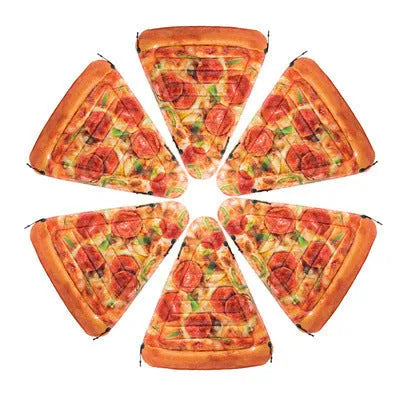 Large inflatable pizza-themed surfboard recliner floating on water, showing its 175cm length.