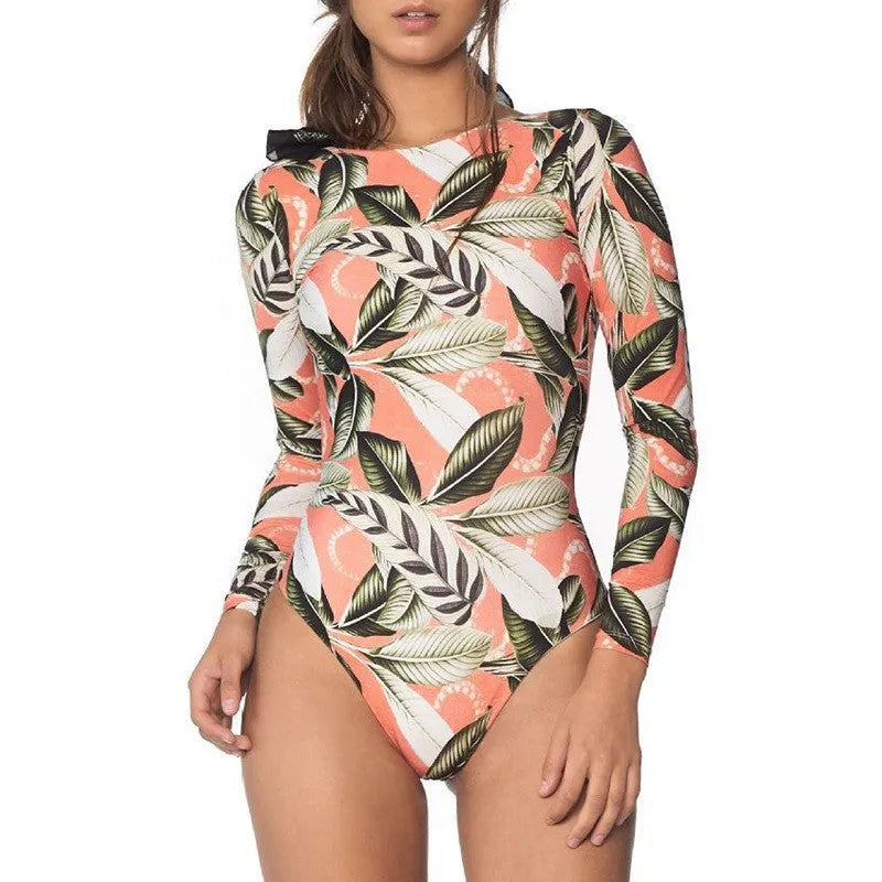 Women's backless one-piece swimsuit with floral leaf print and polyester lining for swimming