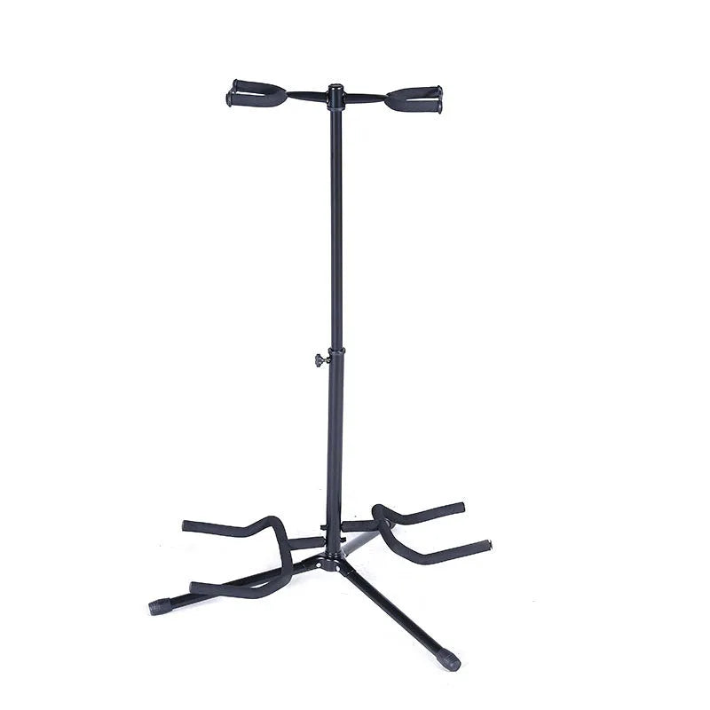 Vertical black iron guitar stand with two adjustable heads for western string instruments