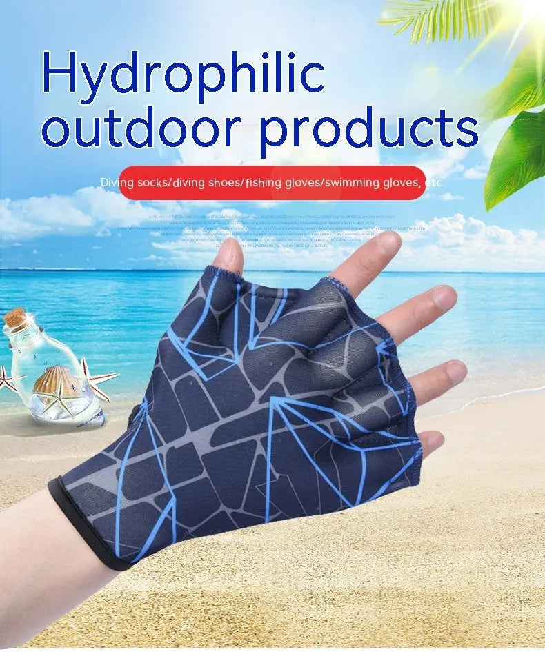 Duck feet webbed swimming gloves in nylon material showing webbed finger design and available colour prints