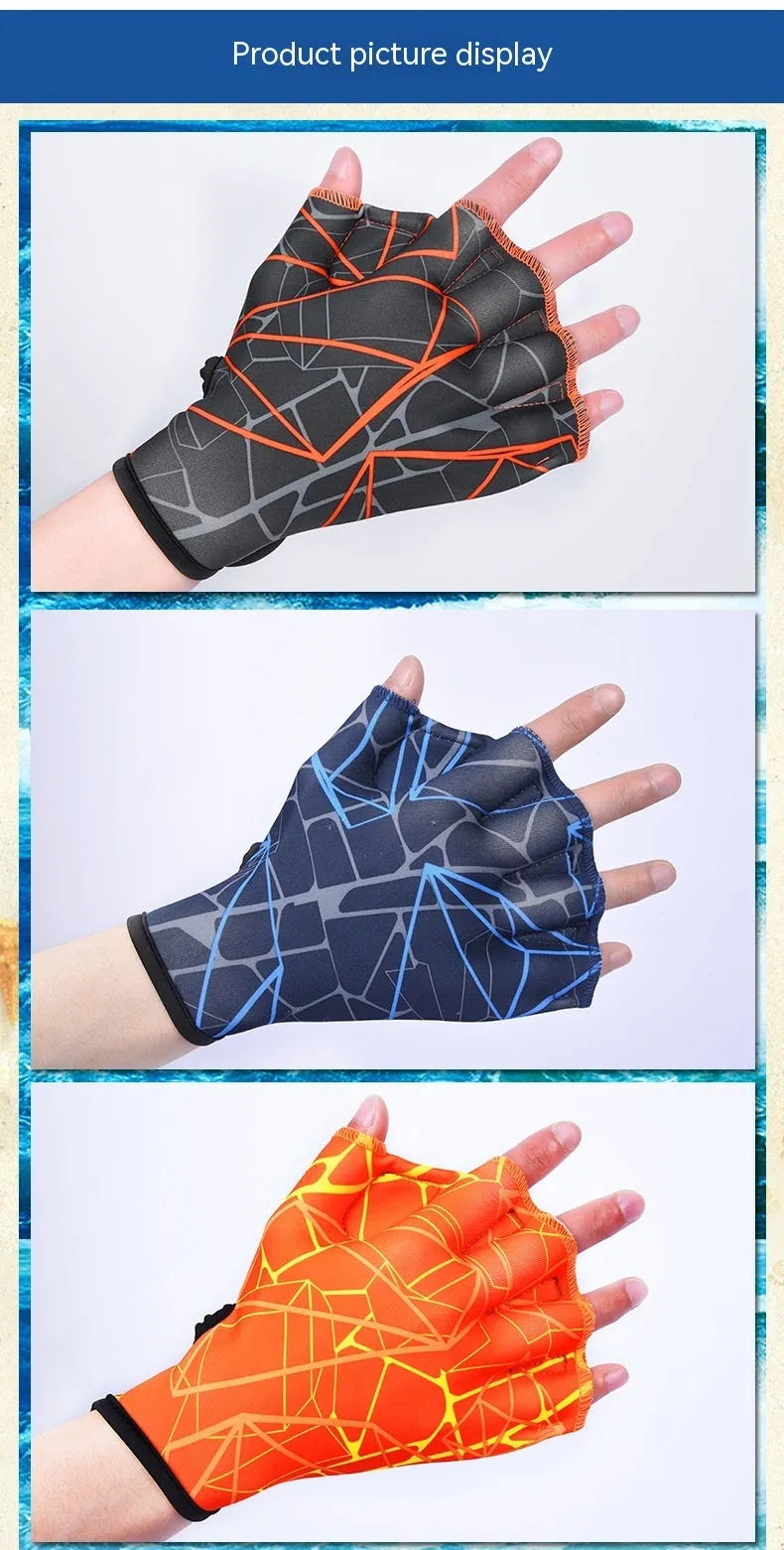 Duck feet webbed swimming gloves in nylon material showing webbed finger design and available colour prints