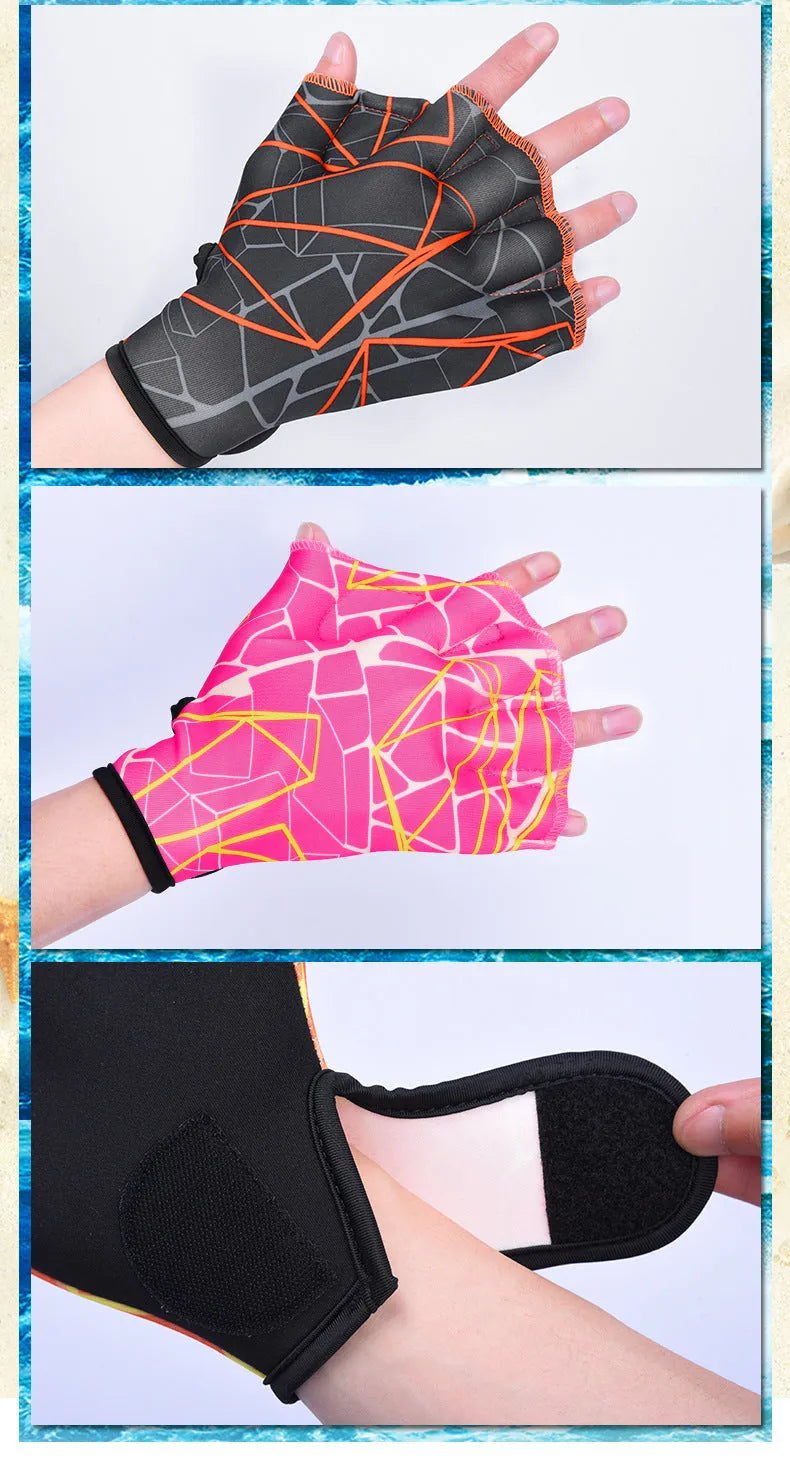 Duck feet webbed swimming gloves in nylon material showing webbed finger design and available colour prints