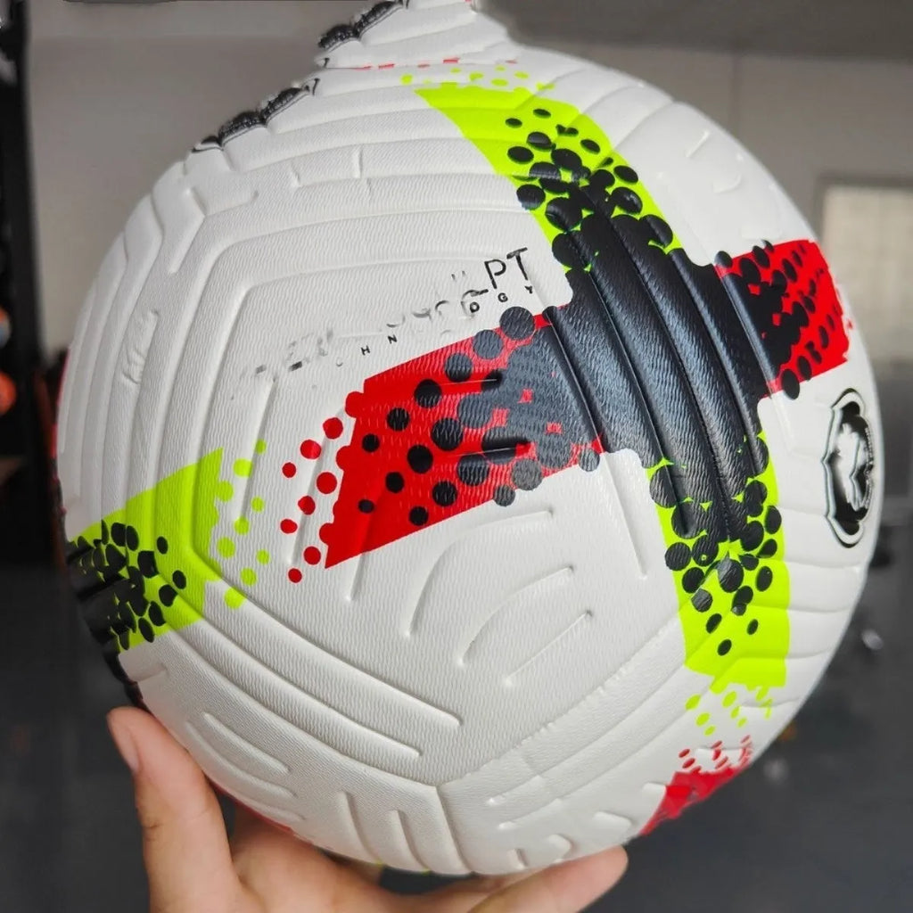 Fluorescent green Size 5 football with seamless thermal adhesive patch construction.