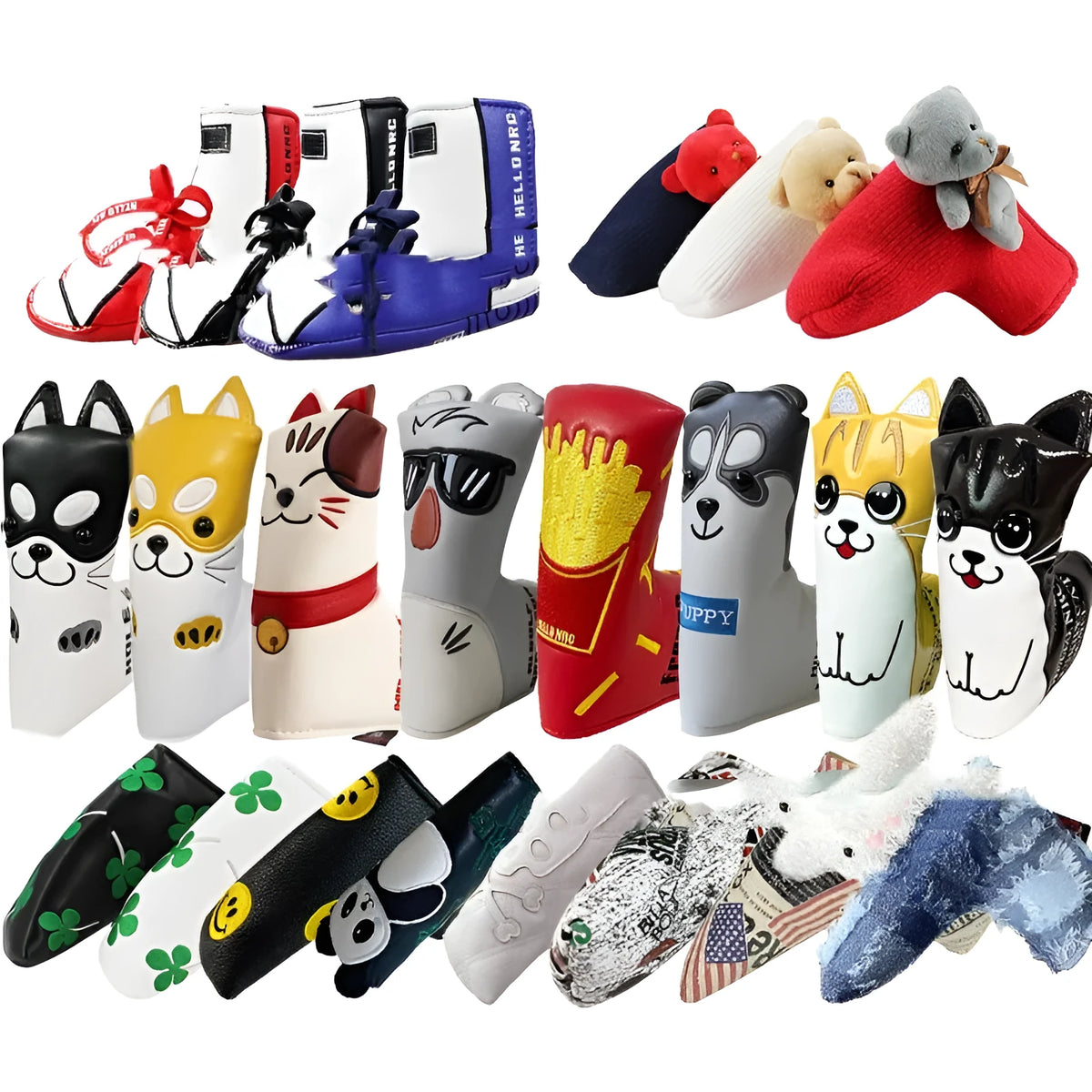 Golf putter sleeve in a novelty design, made from PU waterproof fabric with a fleece lining.