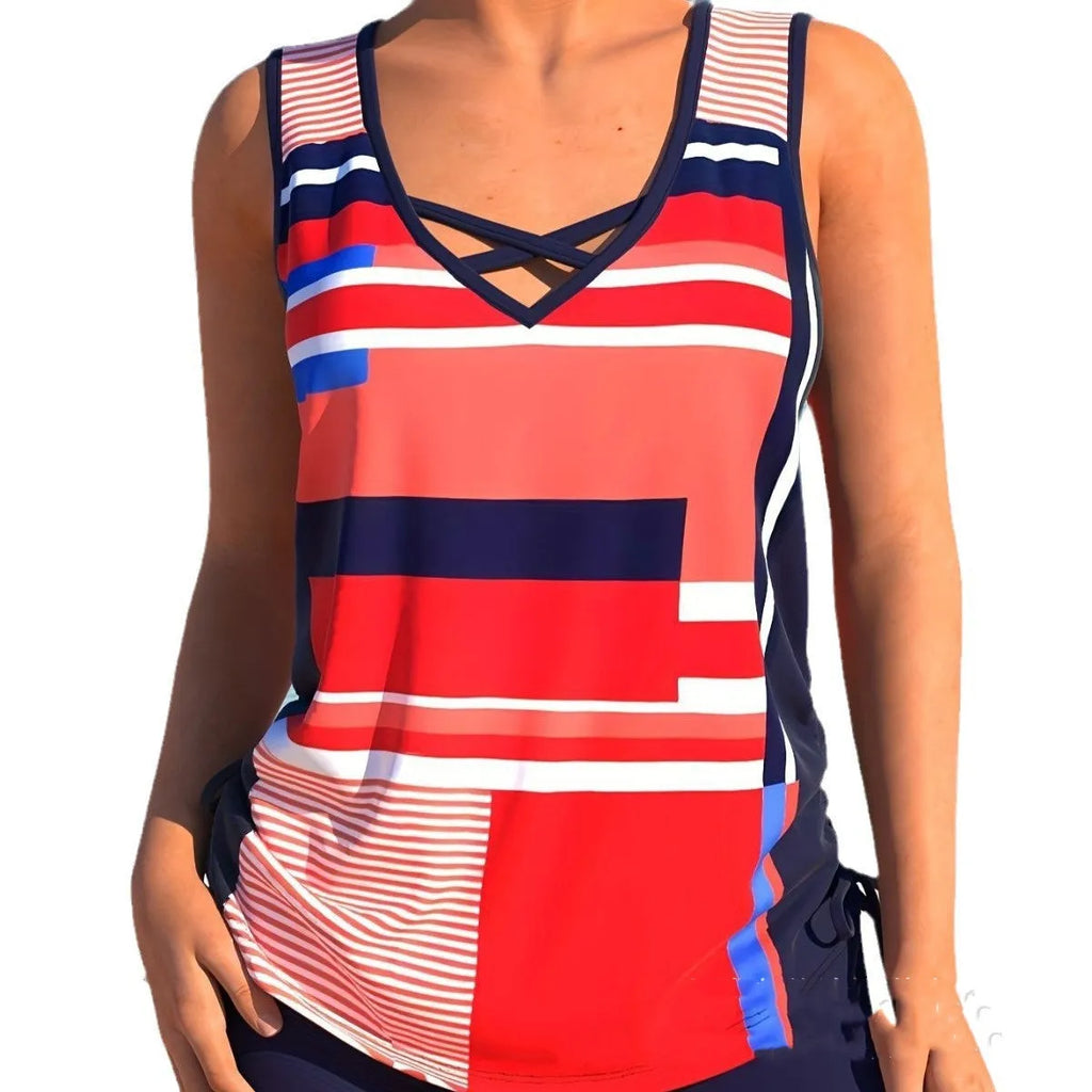 Women's printed split boxer swimsuit set with matching top in various colours and sizes.