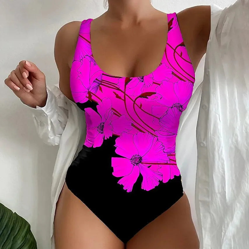 Women's 3D printed one-piece swimsuit in orange red colour with stretch fabric construction