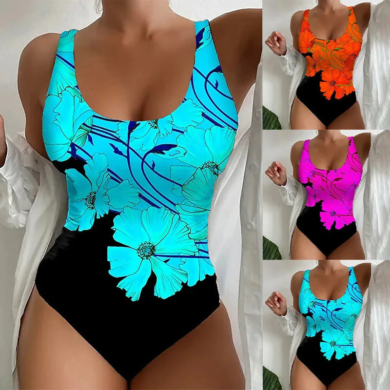 Women's 3D printed one-piece swimsuit in orange red colour with stretch fabric construction