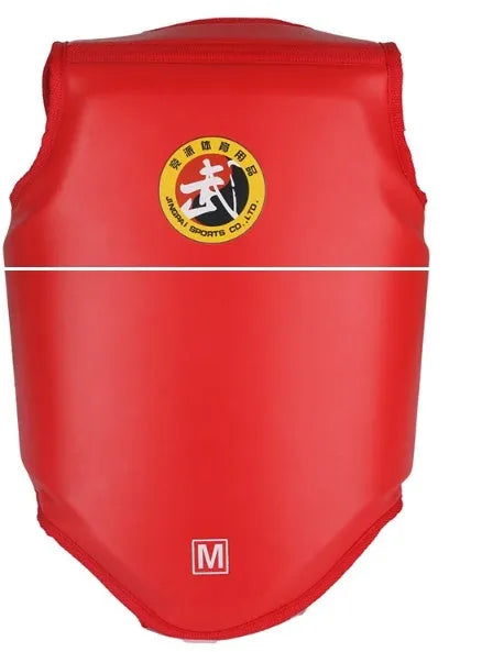Red boxing helmet with integrated chest protector for fighting training