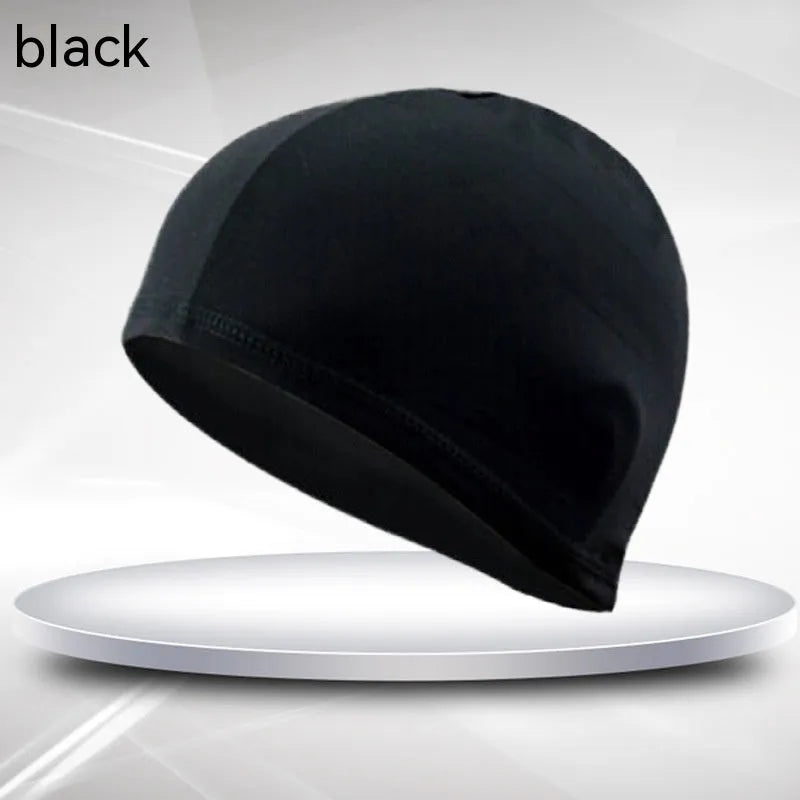 Unisex adult polyester swim cap in solid black with single line design