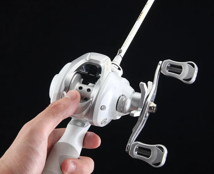White micro object bait casting fishing reel with drop wheel mechanism shown from multiple angles