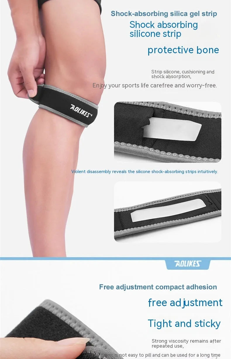 Black and grey patella retinaculum knee support for adult sports use.