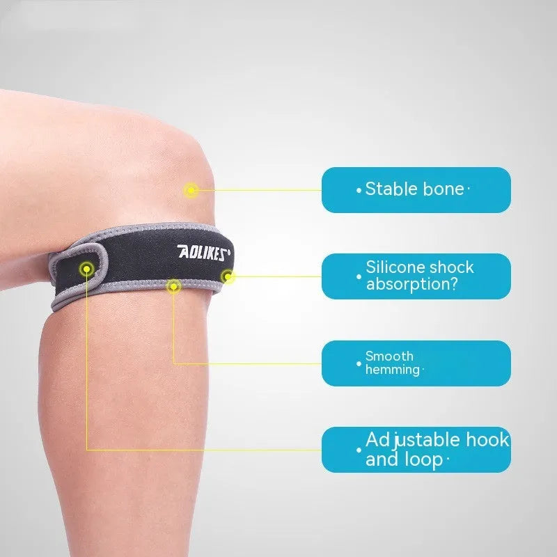 Black and grey patella retinaculum knee support for adult sports use.