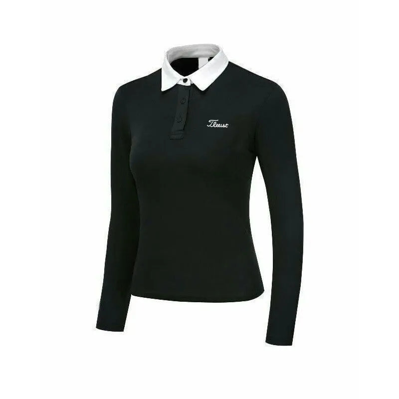 White slim-fit long sleeve women's golf top on a hanger