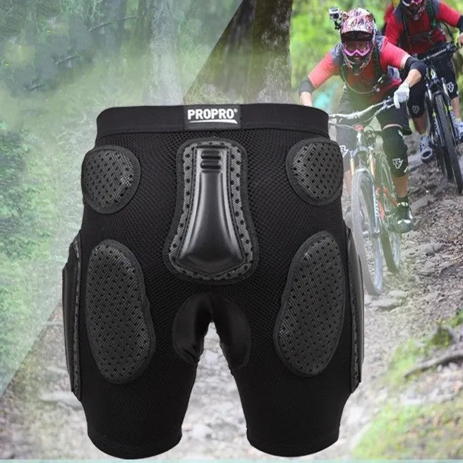 Black cycling hip pad pants showing integrated protective padding for sports safety in S M L XL sizes