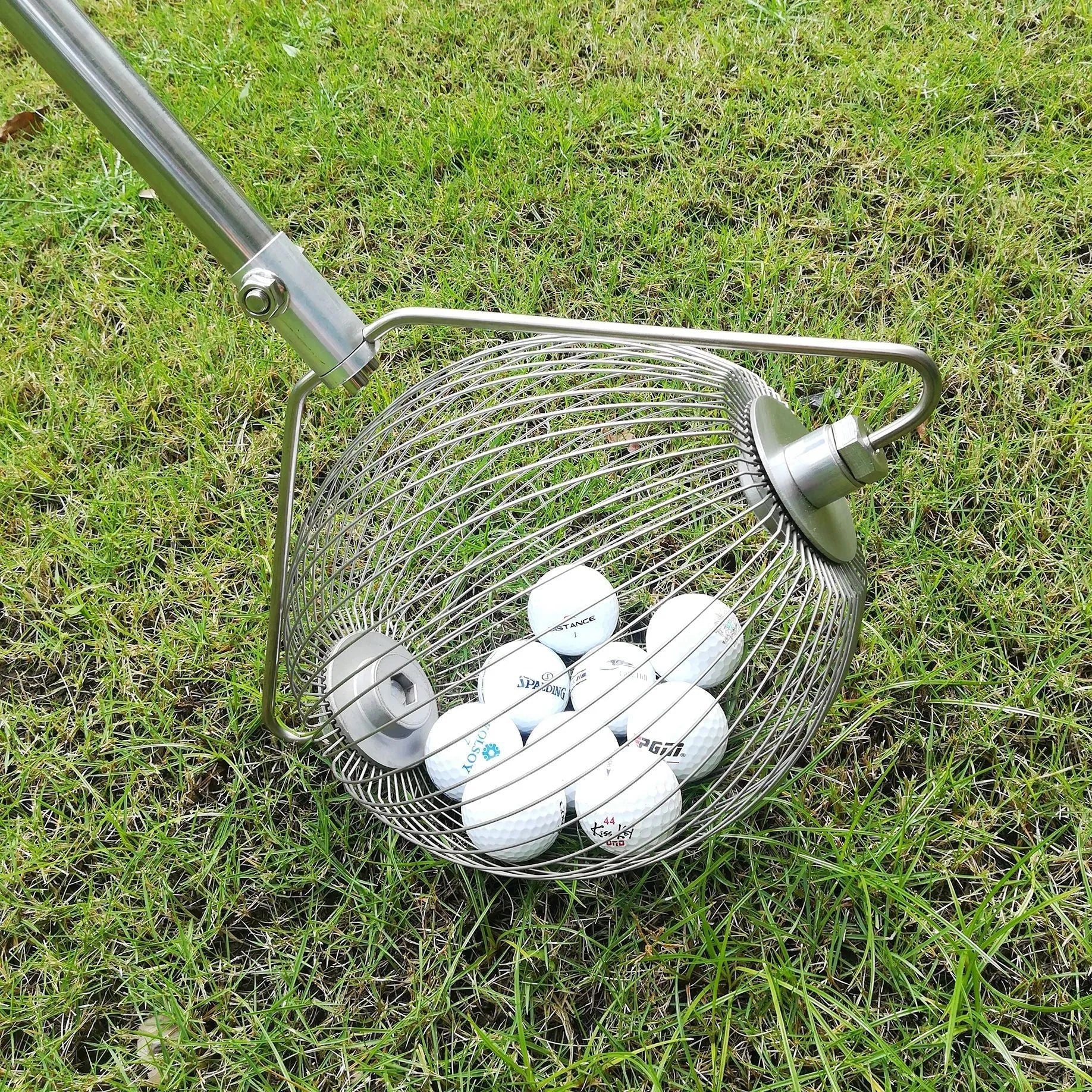 Stainless steel golf ball picker with metallic finish for retrieving balls from water hazards