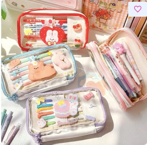 Japanese transparent heart-shaped pen bag in Korean style with rabbit designs