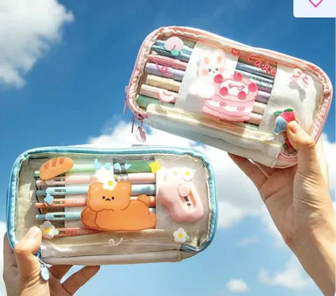 Japanese transparent heart-shaped pen bag in Korean style with rabbit designs