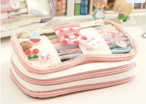 Japanese transparent heart-shaped pen bag in Korean style with rabbit designs