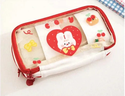 Japanese transparent heart-shaped pen bag in Korean style with rabbit designs
